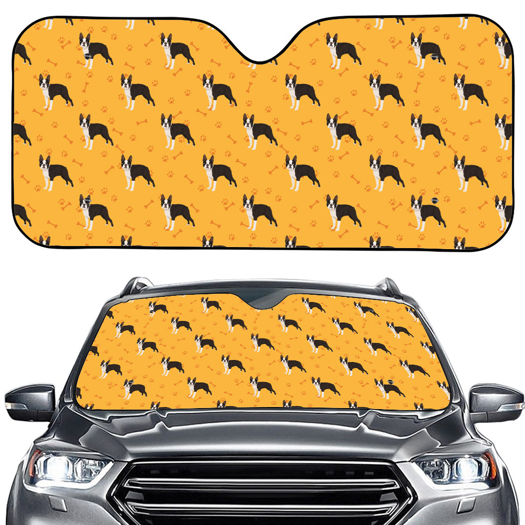 Yellow Boston Terrier Pattern Print Car Windshield Sun Shade