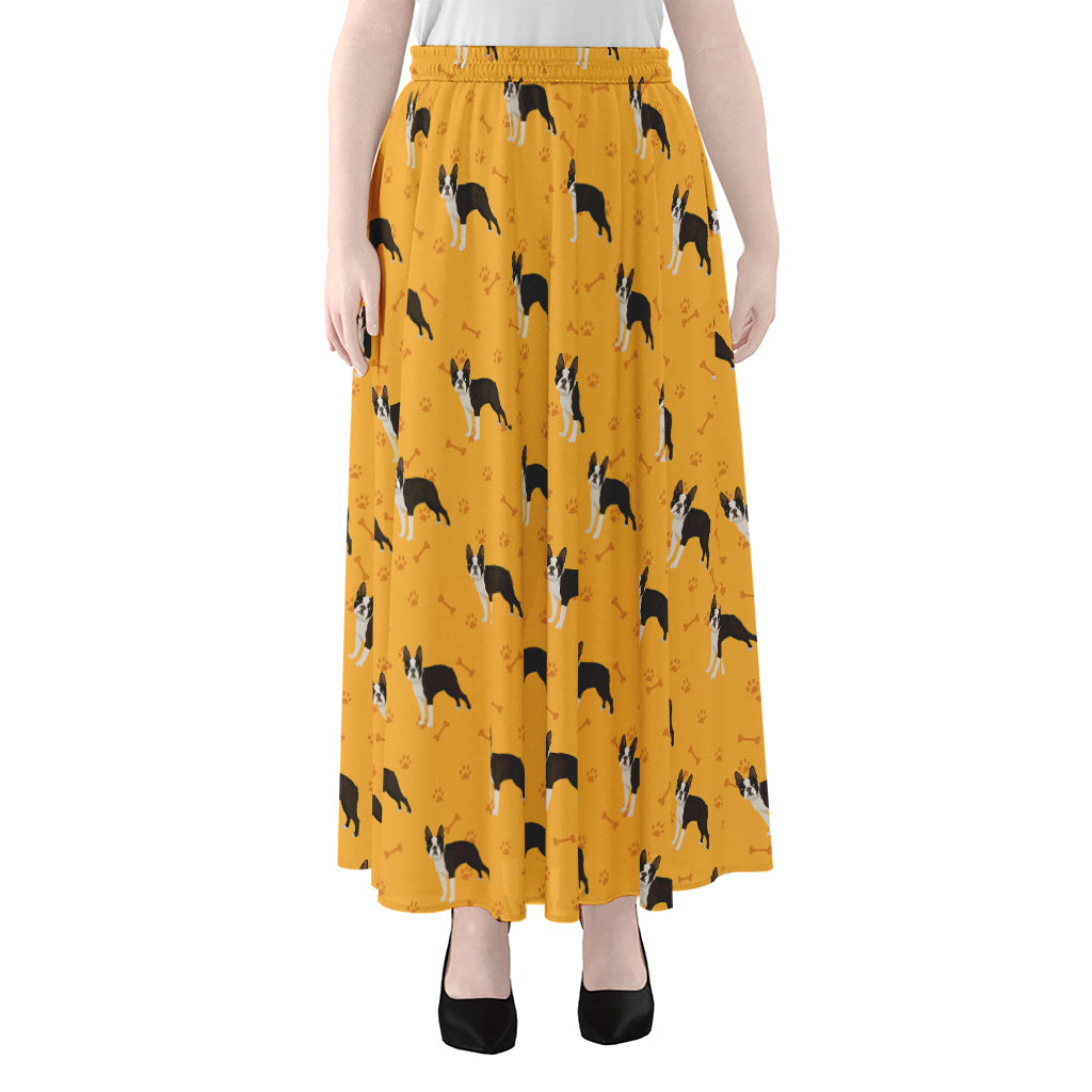 Yellow Boston Terrier Pattern Print Chiffon Maxi Skirt