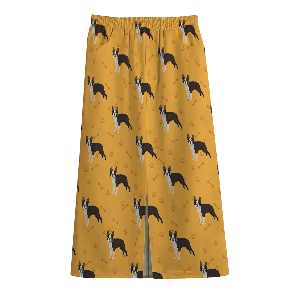 Yellow Boston Terrier Pattern Print Cotton Front Slit Maxi Skirt