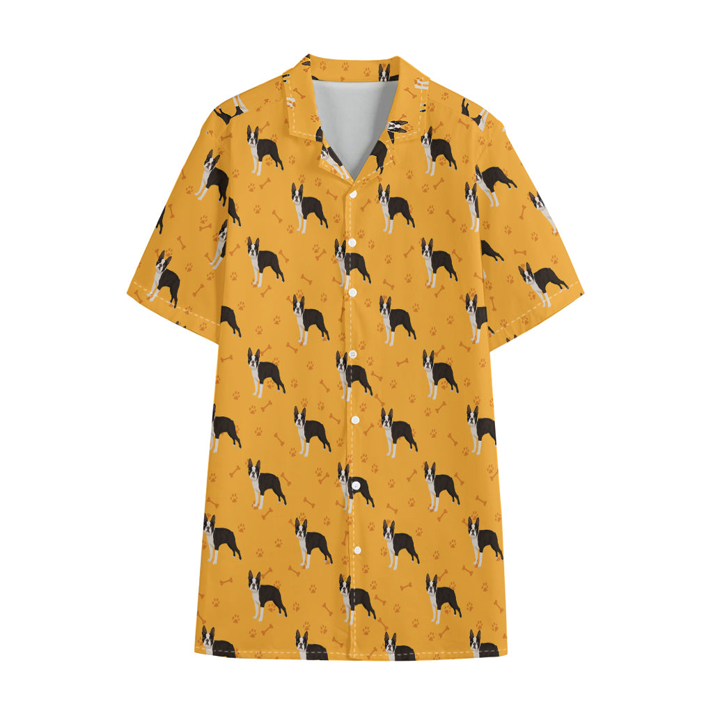 Yellow Boston Terrier Pattern Print Cotton Hawaiian Shirt
