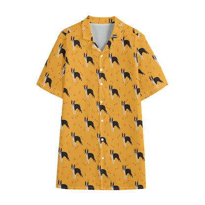 Yellow Boston Terrier Pattern Print Cotton Hawaiian Shirt