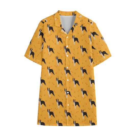 Yellow Boston Terrier Pattern Print Cotton Hawaiian Shirt