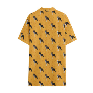 Yellow Boston Terrier Pattern Print Cotton Hawaiian Shirt