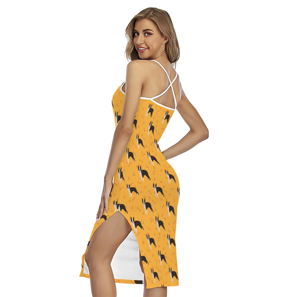 Yellow Boston Terrier Pattern Print Cross Back Cami Dress