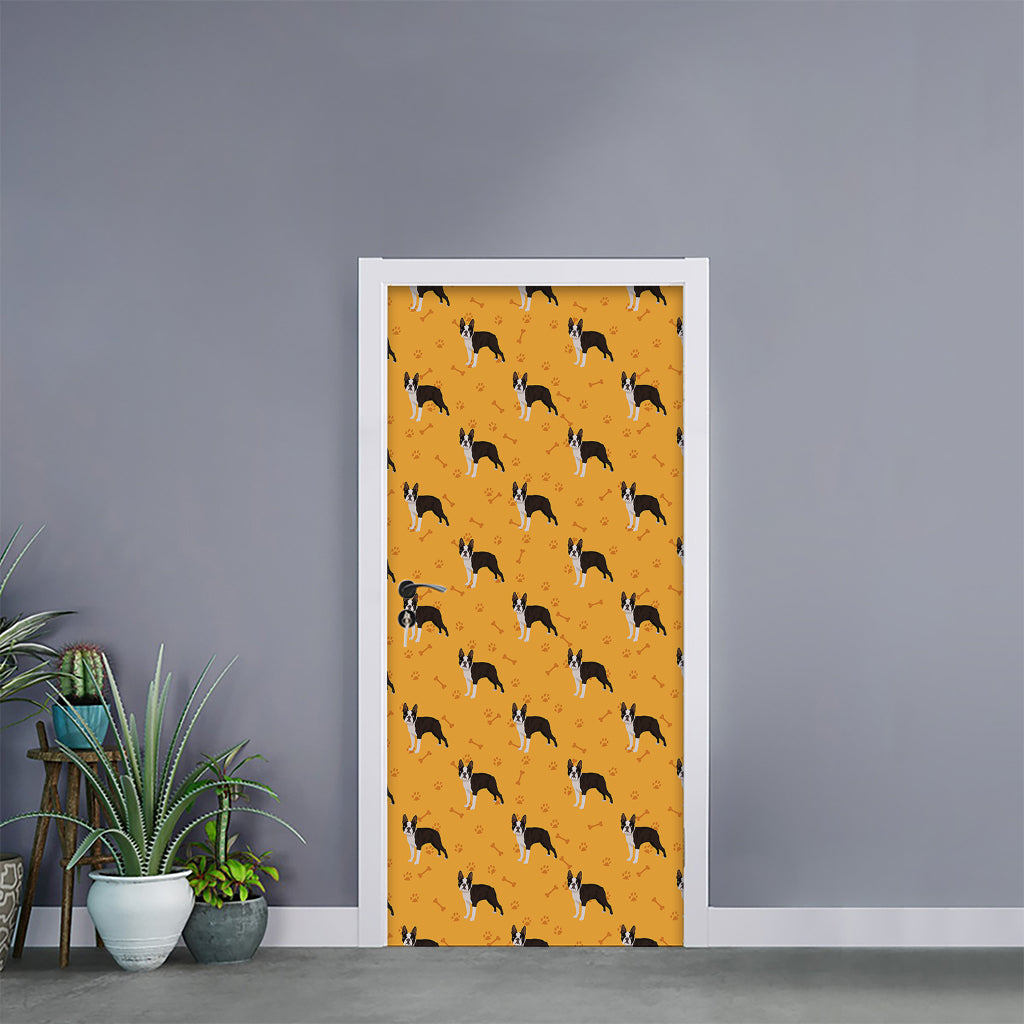 Yellow Boston Terrier Pattern Print Door Sticker