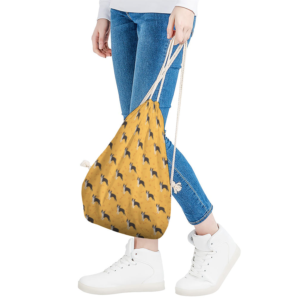 Yellow Boston Terrier Pattern Print Drawstring Bag