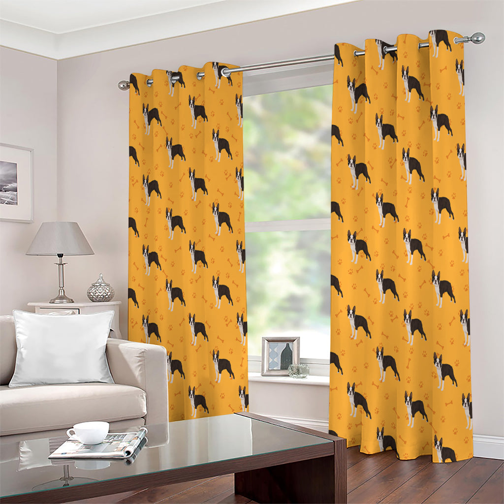 Yellow Boston Terrier Pattern Print Extra Wide Grommet Curtains