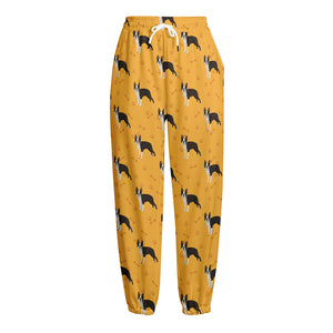 Yellow Boston Terrier Pattern Print Fleece Lined Knit Pants