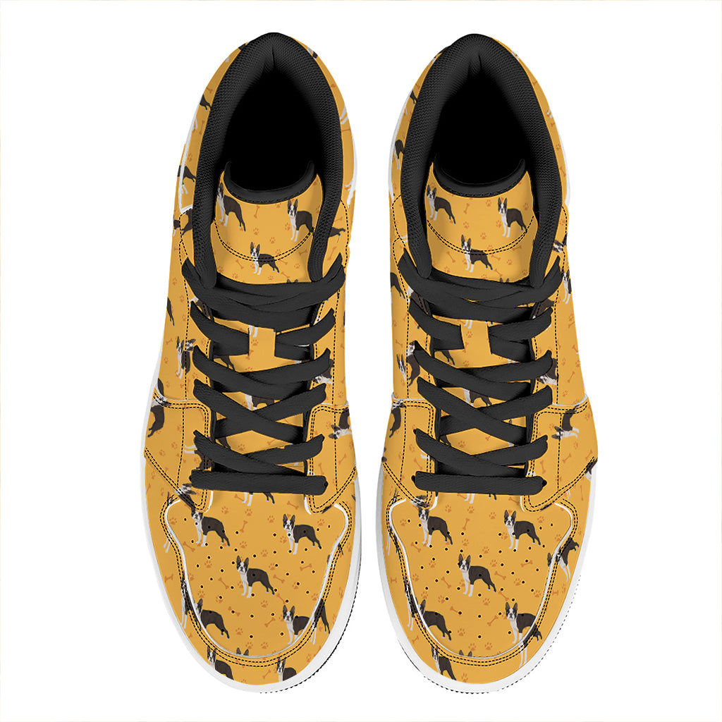 Yellow Boston Terrier Pattern Print High Top Leather Sneakers