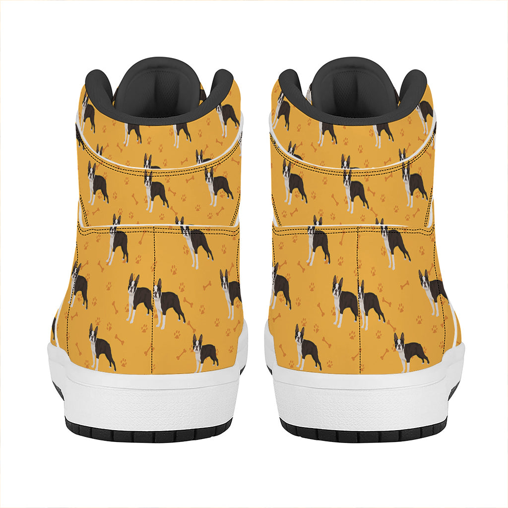 Yellow Boston Terrier Pattern Print High Top Leather Sneakers