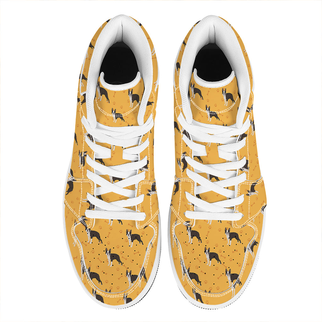Yellow Boston Terrier Pattern Print High Top Leather Sneakers