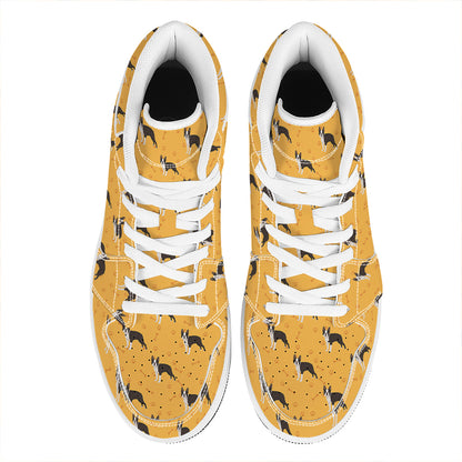 Yellow Boston Terrier Pattern Print High Top Leather Sneakers