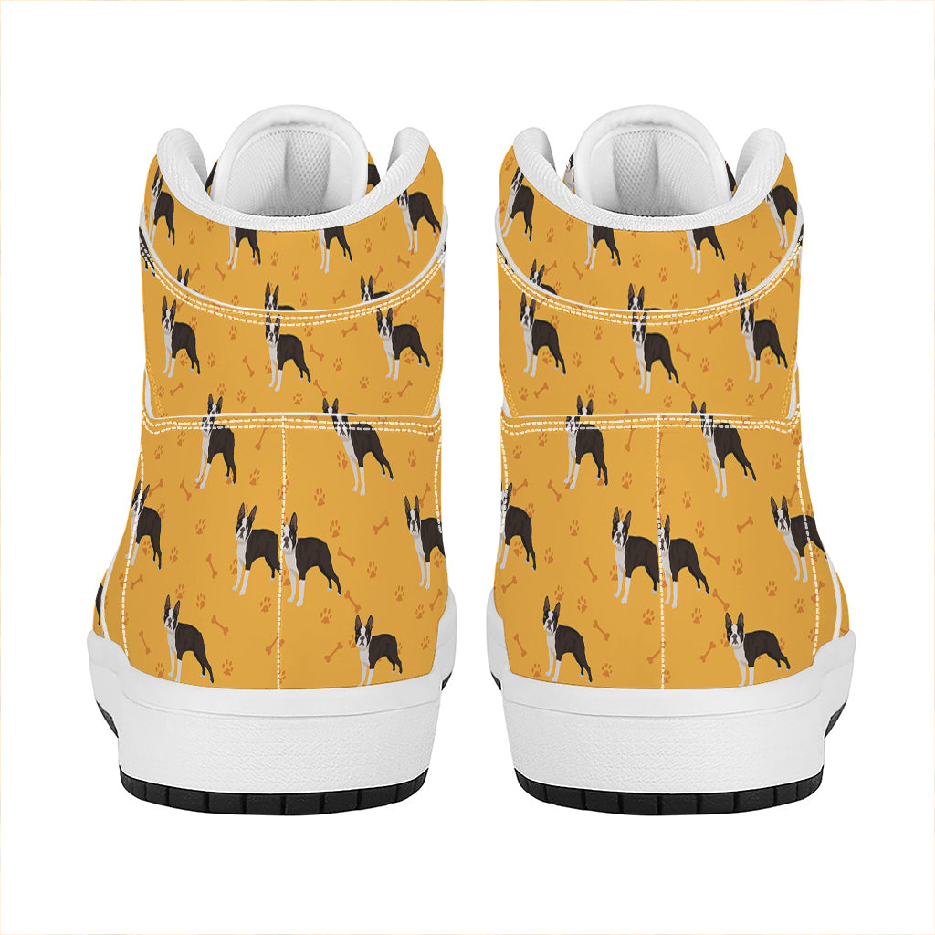 Yellow Boston Terrier Pattern Print High Top Leather Sneakers