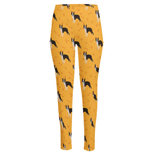 Yellow Boston Terrier Pattern Print High-Waisted Pocket Leggings