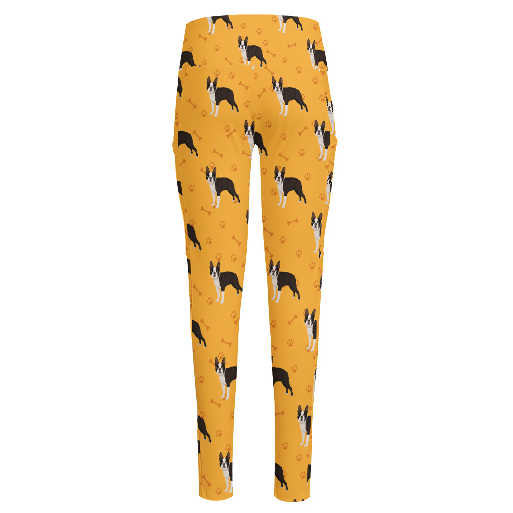 Yellow Boston Terrier Pattern Print High-Waisted Pocket Leggings