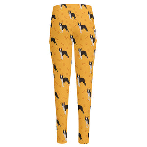 Yellow Boston Terrier Pattern Print High-Waisted Pocket Leggings