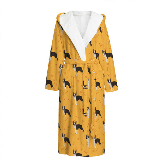 Yellow Boston Terrier Pattern Print Hooded Bathrobe