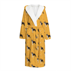 Yellow Boston Terrier Pattern Print Hooded Bathrobe