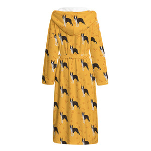 Yellow Boston Terrier Pattern Print Hooded Bathrobe