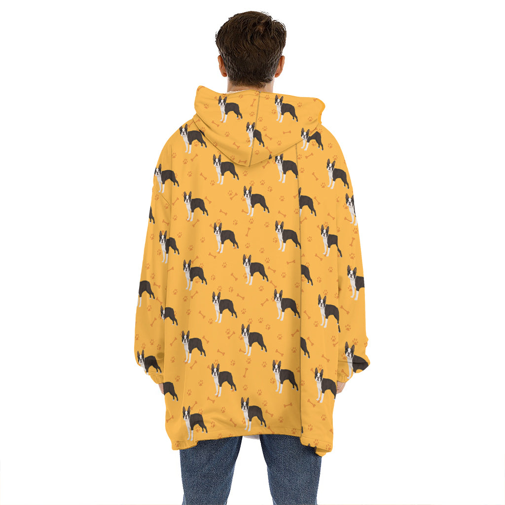 Yellow Boston Terrier Pattern Print Hoodie Blanket