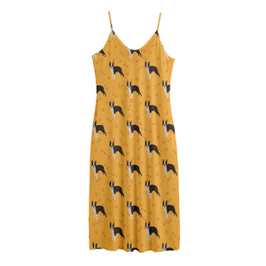 Yellow Boston Terrier Pattern Print Jersey Midi Cami Dress