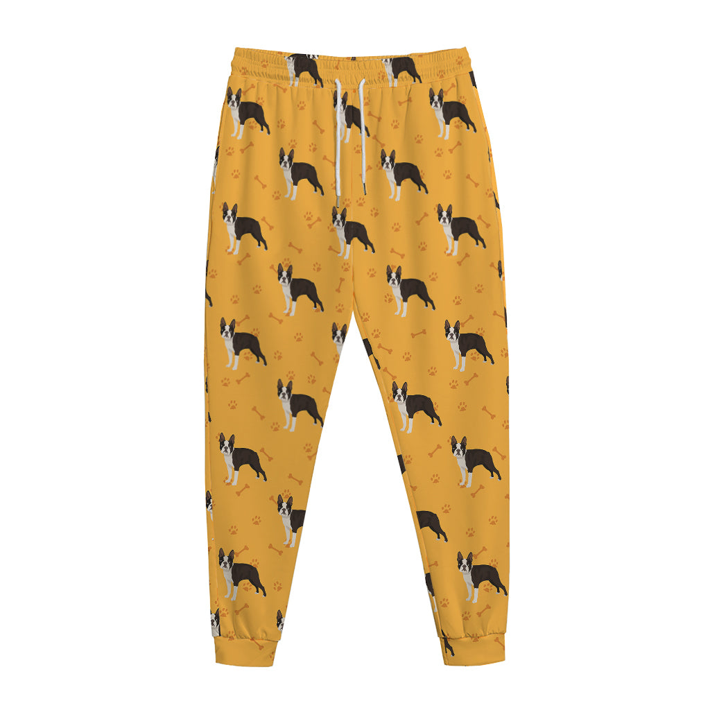 Yellow Boston Terrier Pattern Print Jogger Pants