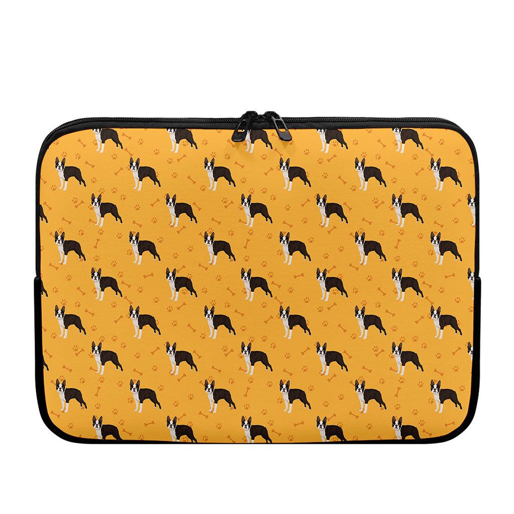 Yellow Boston Terrier Pattern Print Laptop Sleeve