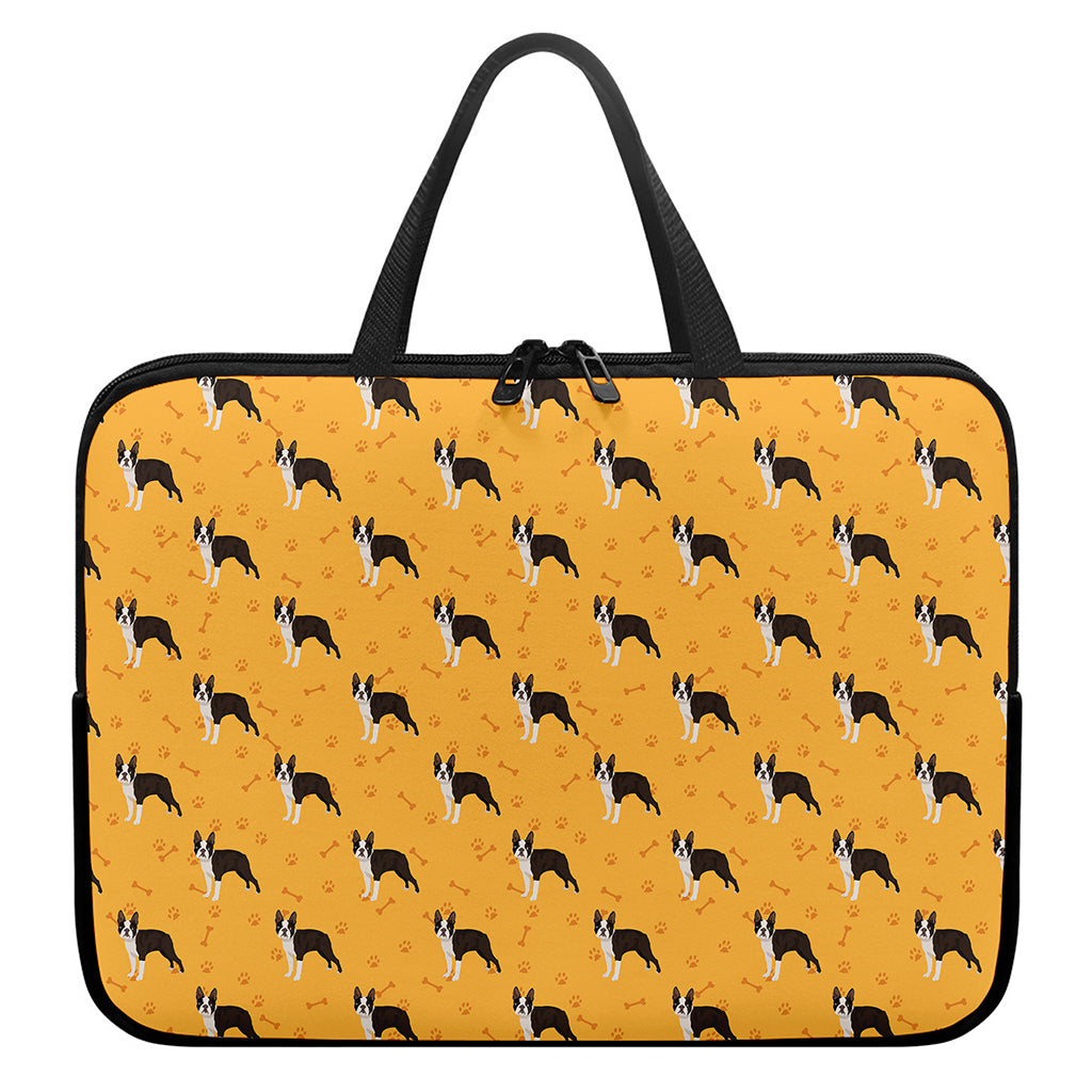 Yellow Boston Terrier Pattern Print Laptop Sleeve With Handle