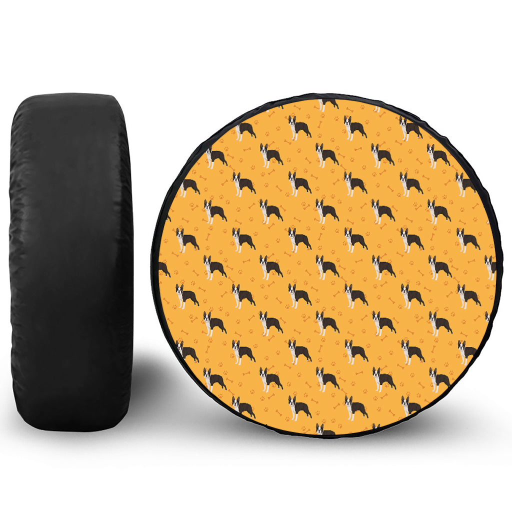 Yellow Boston Terrier Pattern Print Leather Spare Tire Cover