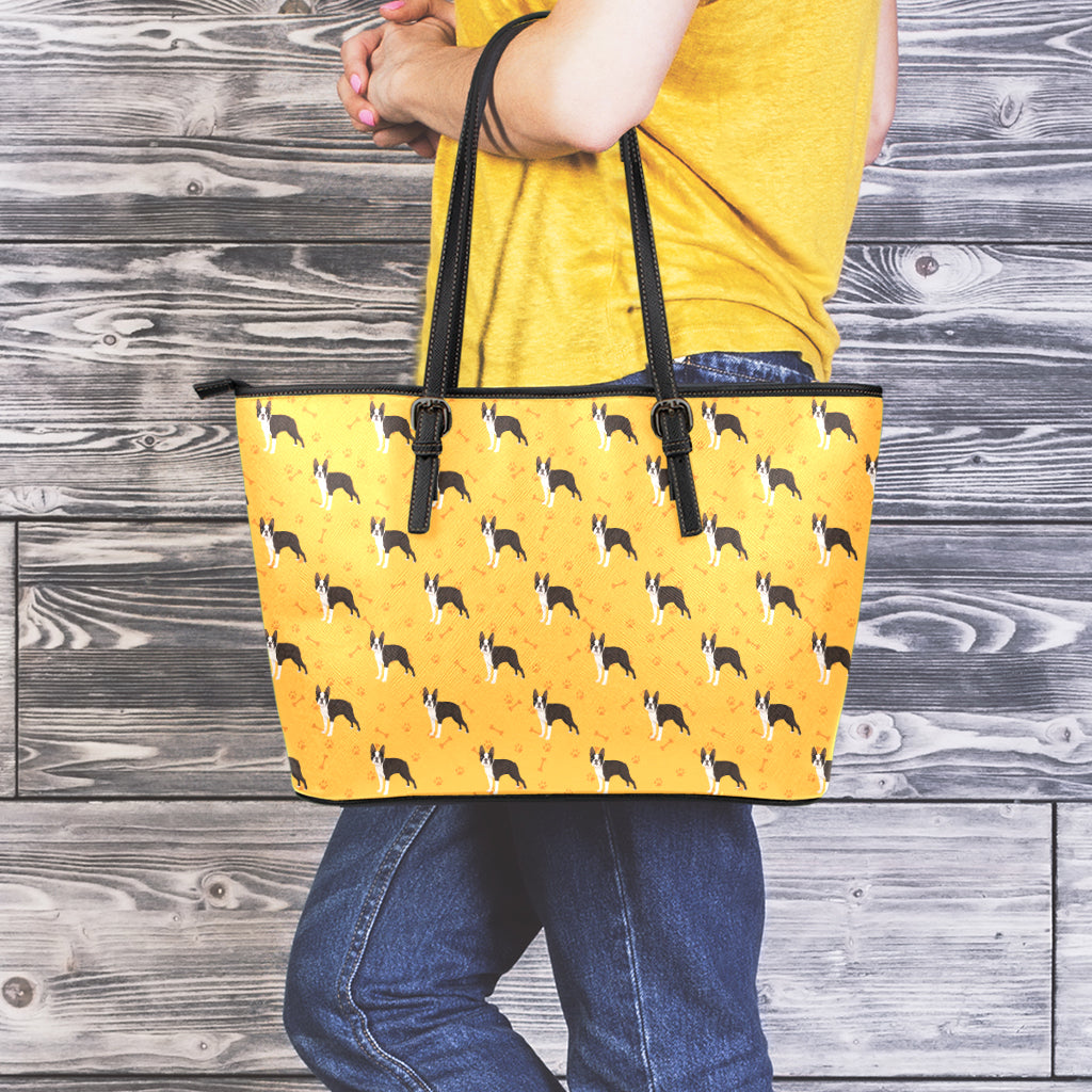 Yellow Boston Terrier Pattern Print Leather Tote Bag