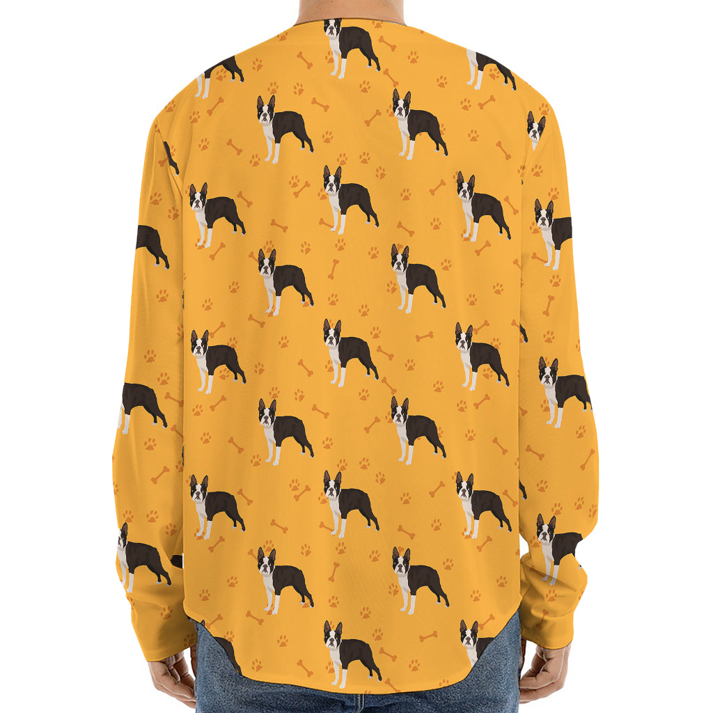 Yellow Boston Terrier Pattern Print Long Sleeve Baseball Jersey