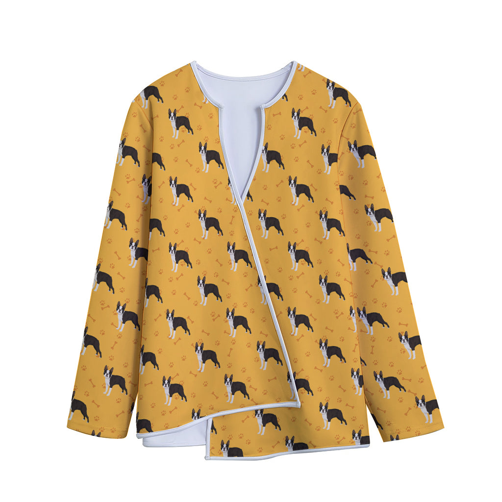 Yellow Boston Terrier Pattern Print Long Sleeve Short Coat