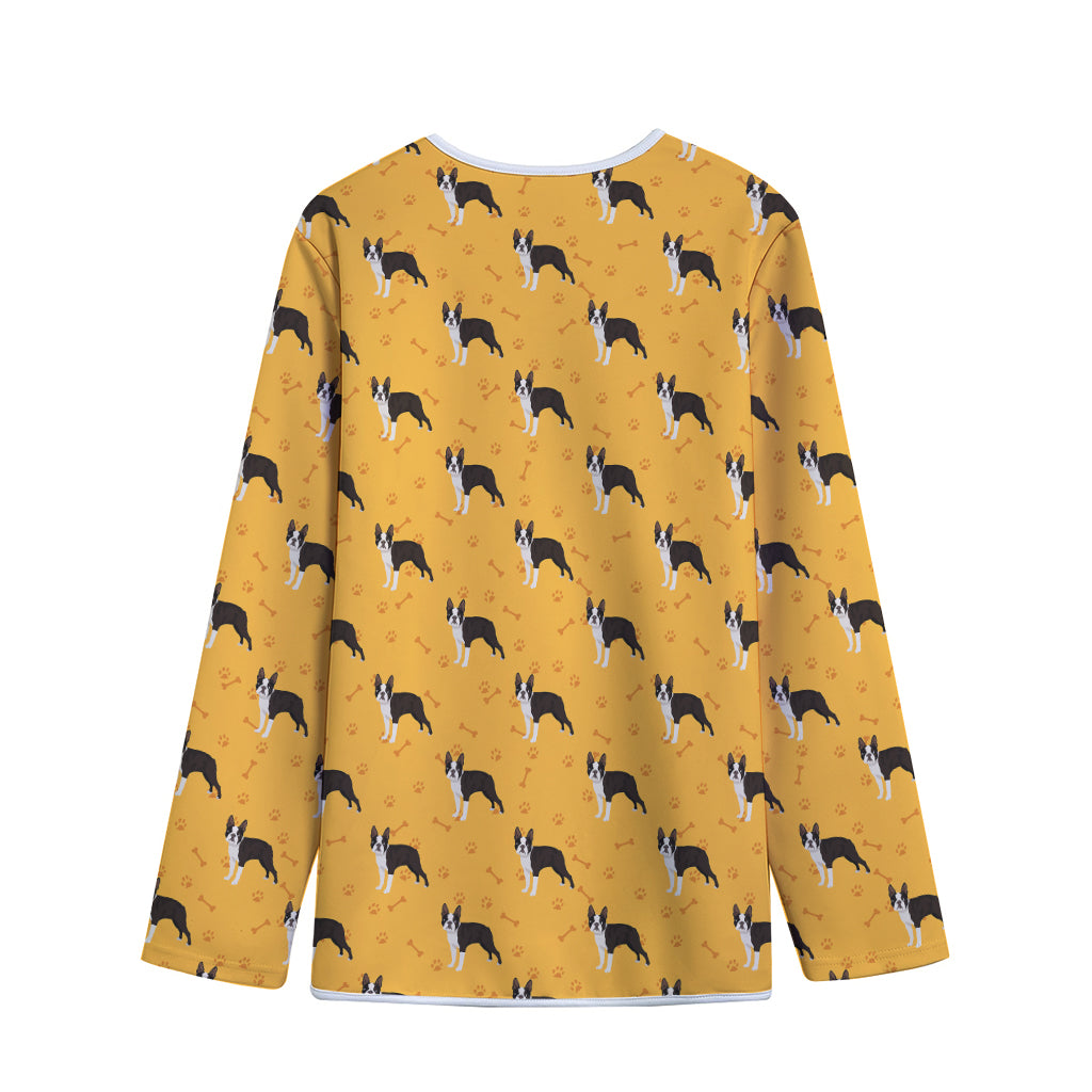 Yellow Boston Terrier Pattern Print Long Sleeve Short Coat