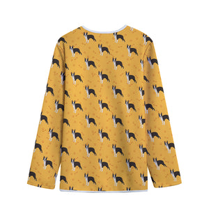 Yellow Boston Terrier Pattern Print Long Sleeve Short Coat