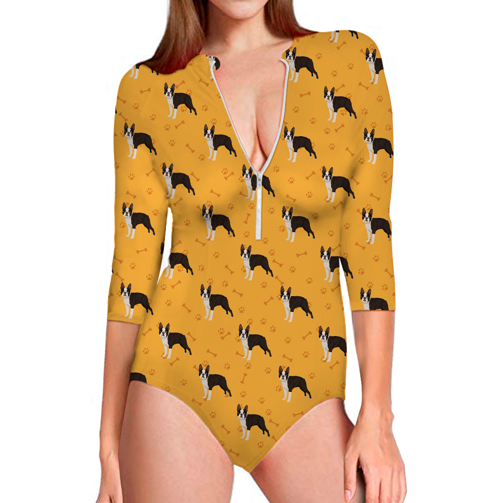 Yellow Boston Terrier Pattern Print Long Sleeve Swimsuit