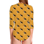 Yellow Boston Terrier Pattern Print Long Sleeve Swimsuit