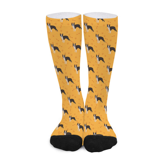 Yellow Boston Terrier Pattern Print Long Socks