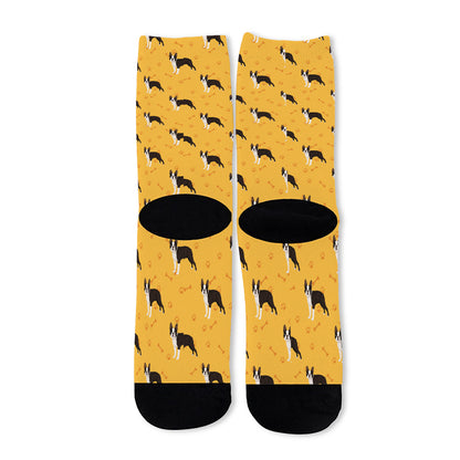 Yellow Boston Terrier Pattern Print Long Socks