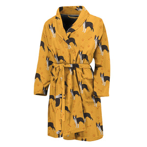 Yellow Boston Terrier Pattern Print Men's Bathrobe