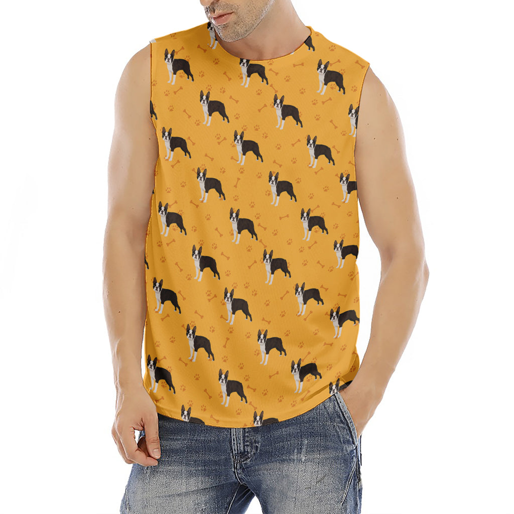 Yellow Boston Terrier Pattern Print Men's Fitness Tank Top