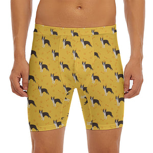 Yellow Boston Terrier Pattern Print Men's Long Boxer Briefs