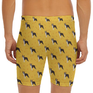 Yellow Boston Terrier Pattern Print Men's Long Boxer Briefs