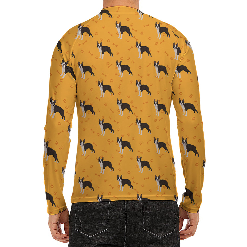 Yellow Boston Terrier Pattern Print Men's Long Sleeve Rash Guard