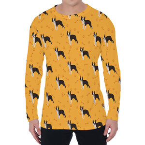 Yellow Boston Terrier Pattern Print Men's Long Sleeve T-Shirt