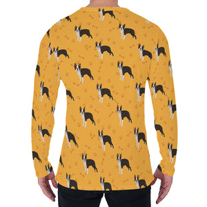 Yellow Boston Terrier Pattern Print Men's Long Sleeve T-Shirt