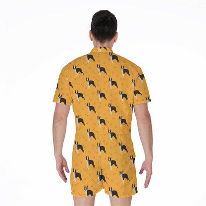 Yellow Boston Terrier Pattern Print Men's Rompers