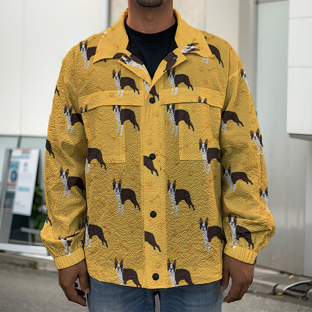 Yellow Boston Terrier Pattern Print Men's Shirt Jacket