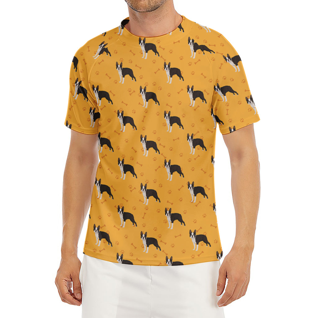 Yellow Boston Terrier Pattern Print Men's Short Sleeve Rash Guard