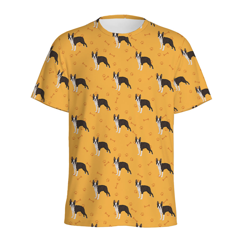 Yellow Boston Terrier Pattern Print Men's Sports T-Shirt