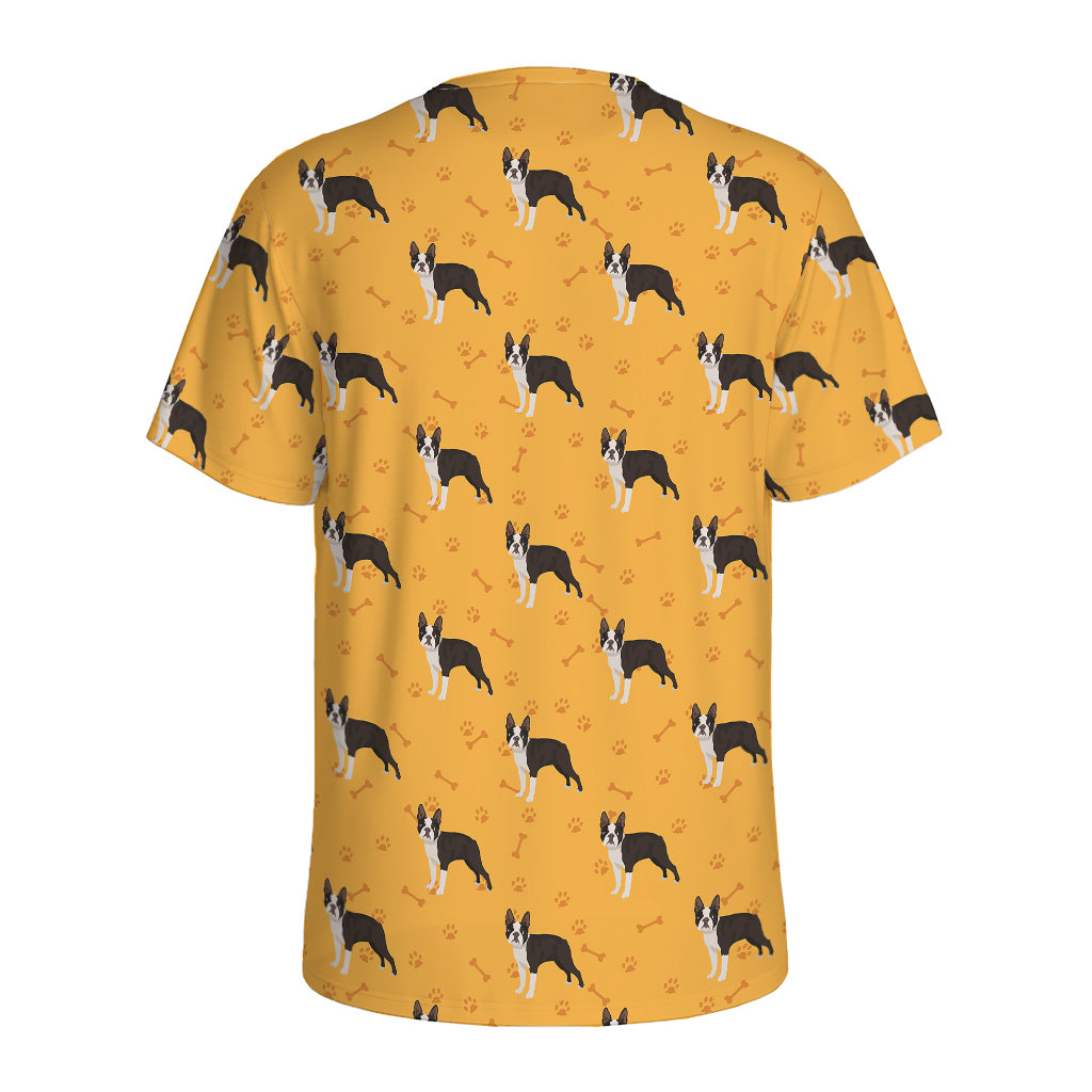 Yellow Boston Terrier Pattern Print Men's Sports T-Shirt